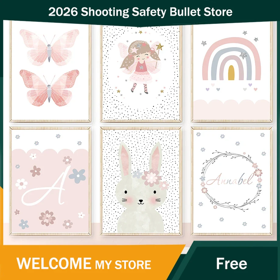 Baby Nursery Paintings - Милый рисунок с кроликом, цветами, бабочками