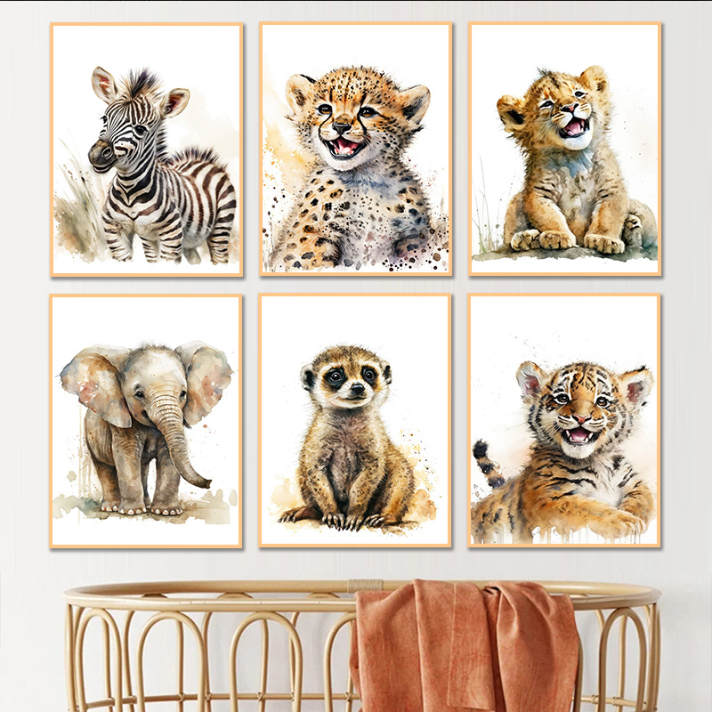 Baby Zebra Nursery - Акварельные постеры с животными: Гепард, Жираф,