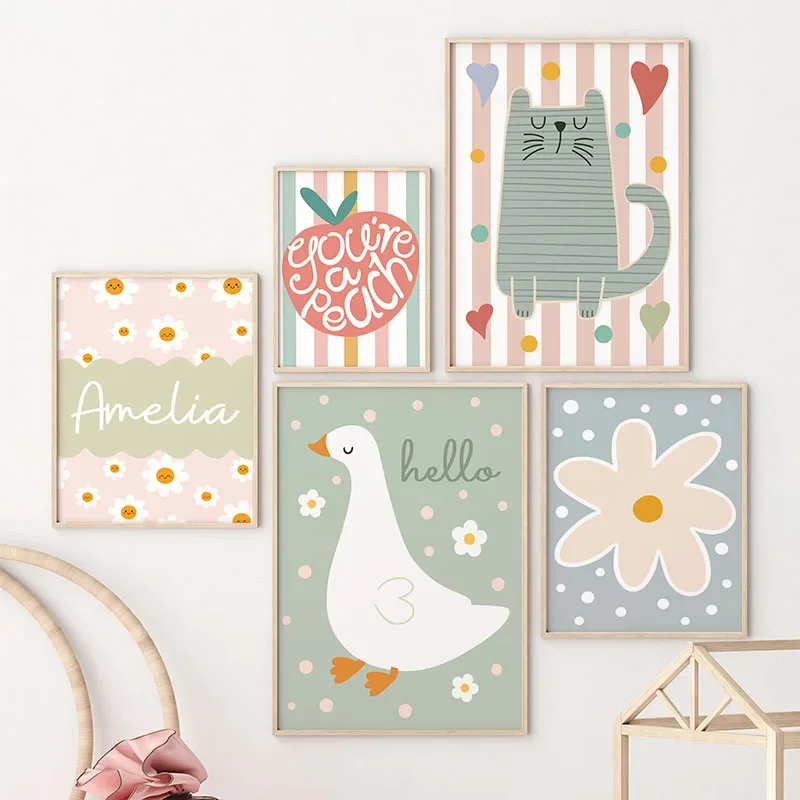Baby Nursery Paintings - Мультяшный кот, утка, птица, яблоко, имя