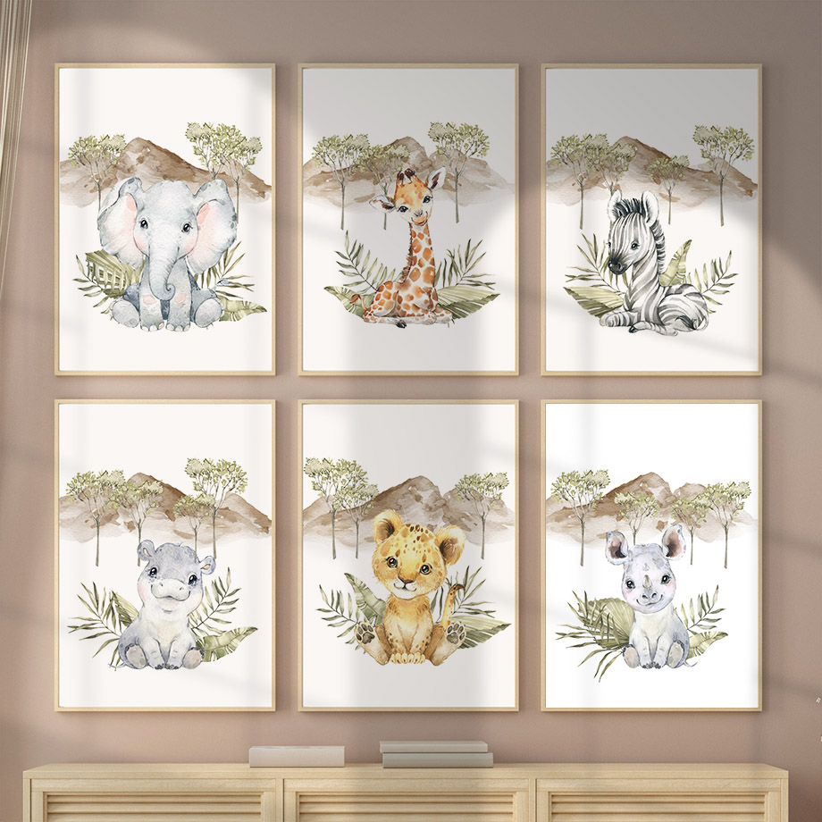 Baby Zebra Nursery - Постеры с жирафом, зеброй, слоном, львом,